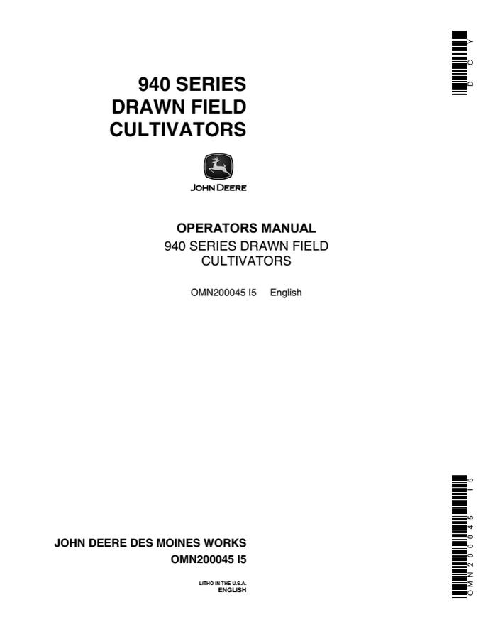 John Deere 940 Series Drawn Field Cultivators Field cultivator Operator manual OMN200045 — actual manual cover