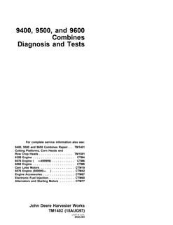 John Deere 9400, 9500, 9600 Combine Diagnosis and tests manual TM1402 1997-08-18 — actual manual cover