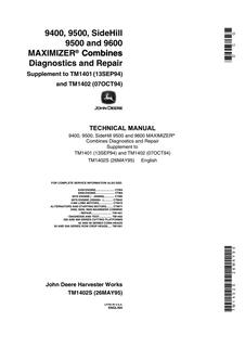 John Deere 9400, 9500, SideHill 9500, 9600 Combine Diagnostics and Repair Supplement TM1402S — actual manual cover