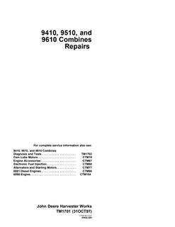 John Deere 9410, 9510, 9610 Combine Repair technical manual TM1701 — actual manual cover