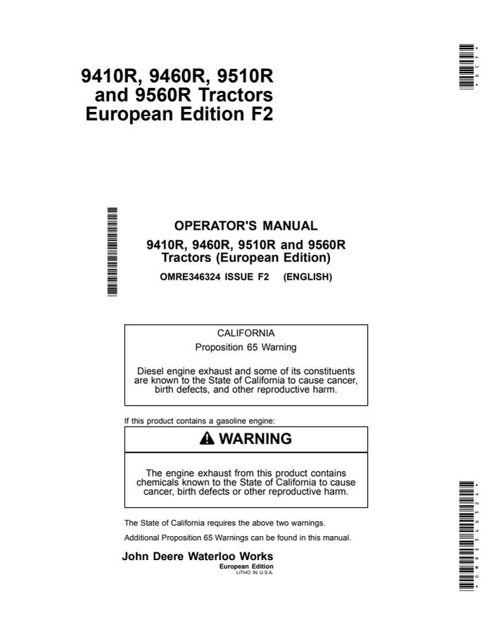 John Deere 9410R, 9460R, 9510R and 9560R Tractors Tractor Operator manual OMRE346324 — actual manual cover