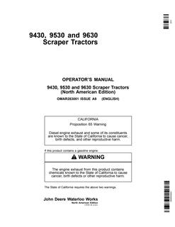 John Deere 9430, 9530 and 9630 Scraper Tractors Tractor Operator manual OMAR283051 — actual manual cover