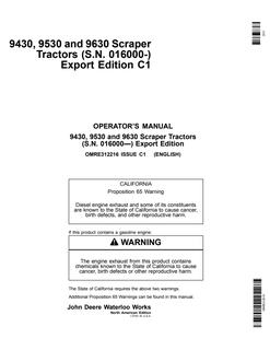 John Deere 9430, 9530 and 9630 Scraper Tractors Tractor Operator manual OMRE312216 — actual manual cover