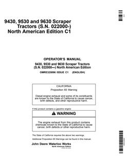 John Deere 9430, 9530 and 9630 Scraper Tractors Tractor Operator manual OMRE325896 — actual manual cover