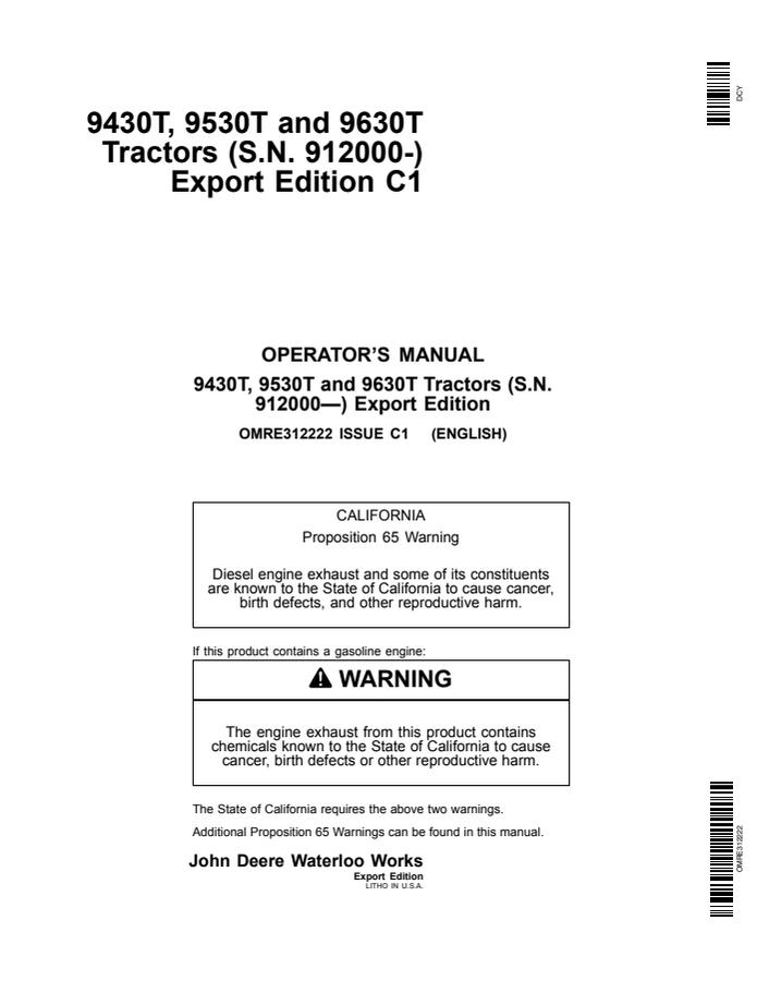 John Deere 9430T, 9530T and 9630T Tractors Tractor Operator manual OMRE312222 — actual manual cover