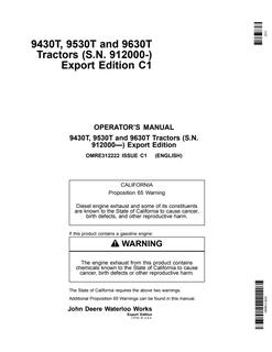 John Deere 9430T, 9530T and 9630T Tractors Tractor Operator manual OMRE312222 — actual manual cover