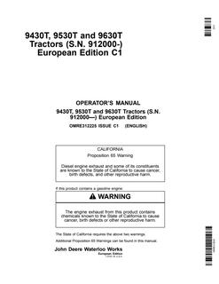 John Deere 9430T, 9530T and 9630T Tractors Tractor Operator manual OMRE312225 — actual manual cover