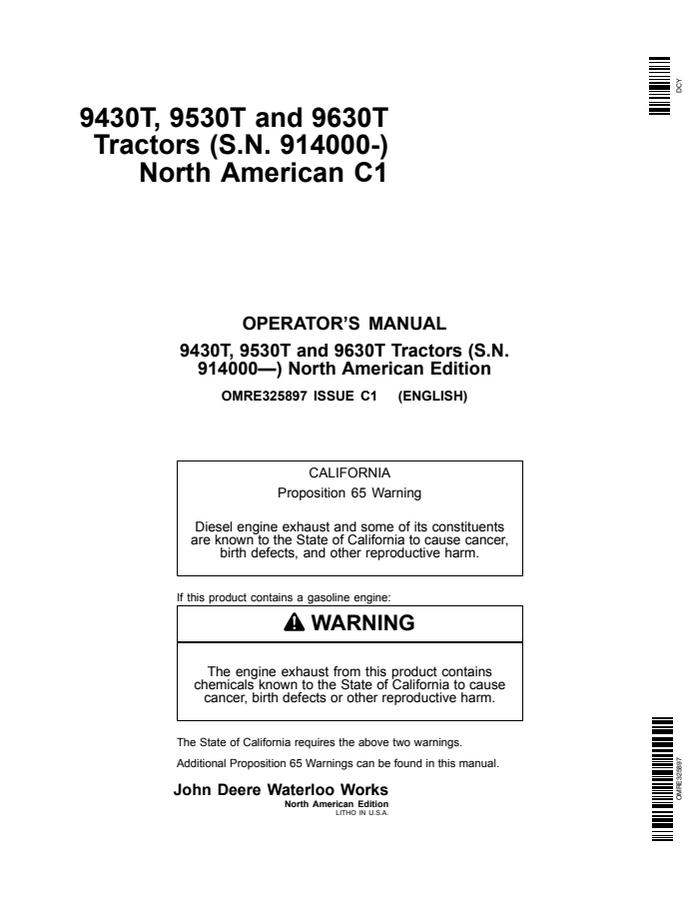 John Deere 9430T, 9530T and 9630T Tractors Tractor Operator manual OMRE325897 — actual manual cover