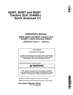 John Deere 9430T, 9530T and 9630T Tractors Tractor Operator manual OMRE325897 — actual manual cover