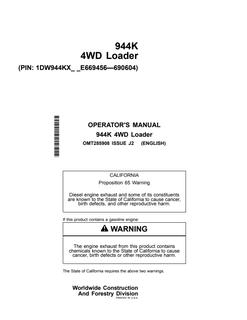 John Deere 944K 4WD Loader Loader Operator manual OMT285908 — actual manual cover