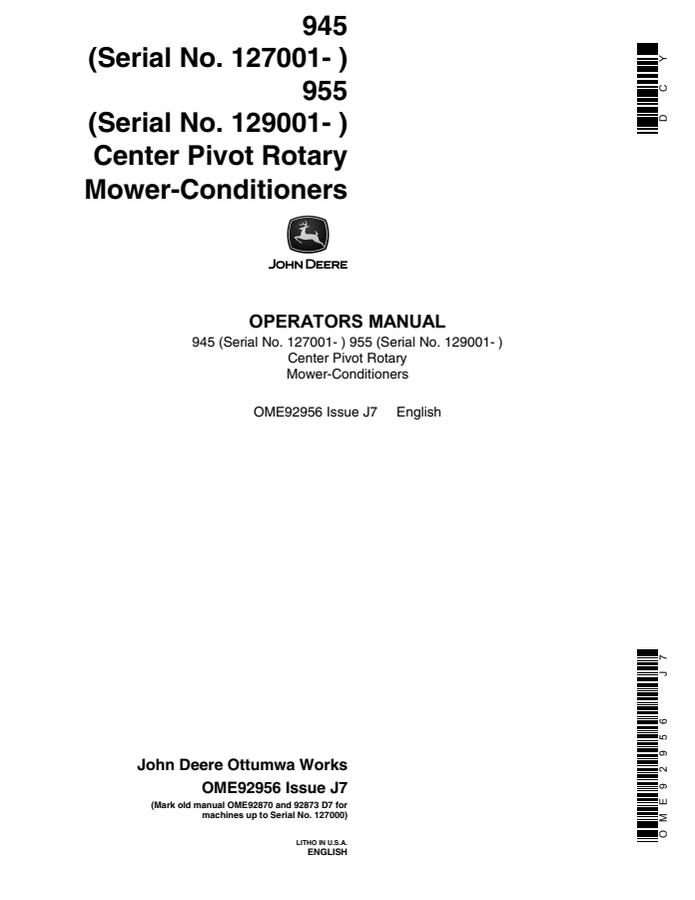 John Deere 945, 955 Center pivot rotary mower-conditioner Operator's manual OME92956 — actual manual cover