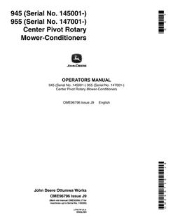 John Deere 945 and 955 Center Pivot Rotary Mower-Conditioners Rotary mower-conditioner Operator manual OME96796 — actual manual cover
