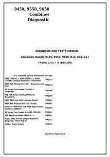 John Deere 9450, 9550, 9650 Combine Diagnostic and Tests Manual TM2002 — actual manual cover