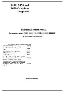 John Deere 9450, 9550, 9650 Combine harvester Diagnosis and tests manual TM1802 — actual manual cover