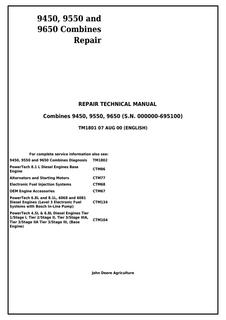 John Deere 9450, 9550, 9650 Combine harvester Repair technical manual TM1801 — actual manual cover