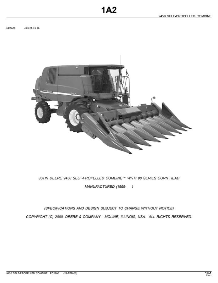 John Deere 9450 with 90 Series Corn Head Self-propelled combine Parts catalog PC2800 — actual manual cover