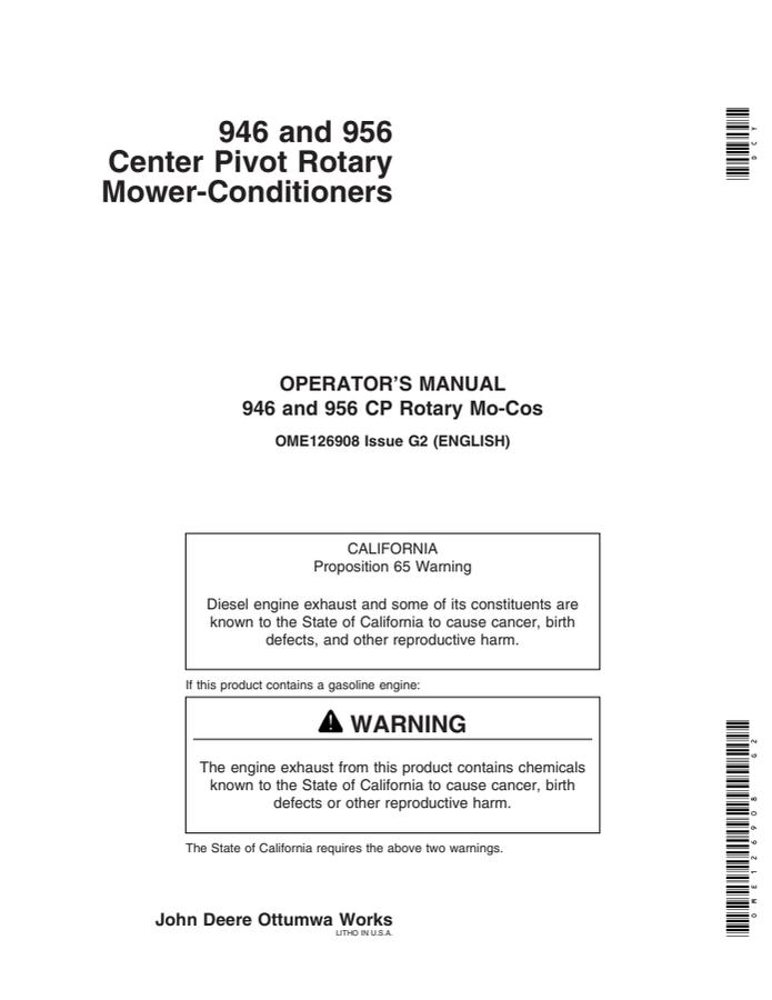 John Deere 946 and 956 Center Pivot Rotary Mower-Conditioners Rotary mower-conditioner Operator manual OME126908 — actual manual cover