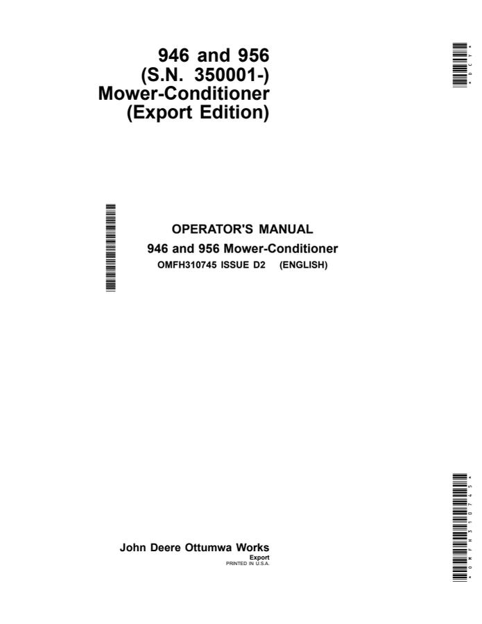John Deere 946 and 956 Mower-Conditioner Mower-conditioner Operator manual OMFH310745 — actual manual cover