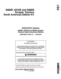 John Deere 9460R, 9510R and 9560R Scraper Tractors Tractor Operator manual OMRE340979 — actual manual cover