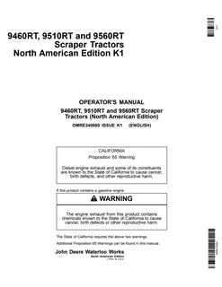 John Deere 9460R, 9510R and 9560R Scraper Tractors Tractor Operator manual OMRE340980 — actual manual cover