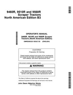 John Deere 9460R, 9510R and 9560R Scraper Tractors Tractor Operator manual OMRE560320 — actual manual cover