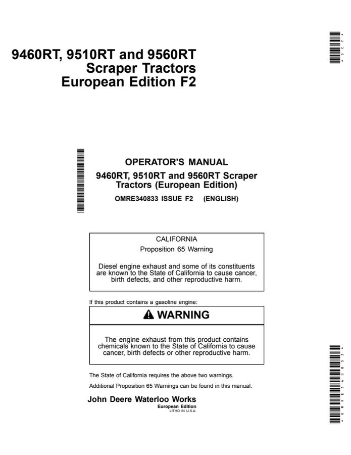 John Deere 9460RT, 9510RT and 9560RT Scraper Tractors Tractor Operator manual OMRE340833 — actual manual cover