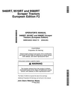 John Deere 9460RT, 9510RT and 9560RT Scraper Tractors Tractor Operator manual OMRE340833 — actual manual cover