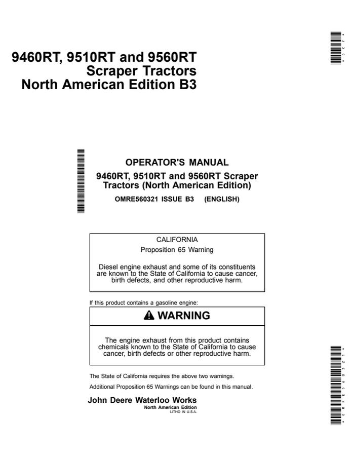 John Deere 9460RT, 9510RT and 9560RT Scraper Tractors Tractor Operator manual OMRE560321 — actual manual cover