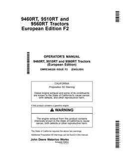 John Deere 9460RT, 9510RT and 9560RT Tractors Tractor Operator manual OMRE346326 — actual manual cover