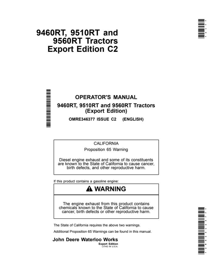 John Deere 9460RT, 9510RT and 9560RT Tractors Tractor Operator manual OMRE346377 — actual manual cover