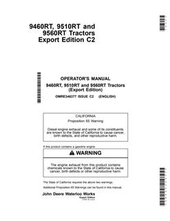 John Deere 9460RT, 9510RT and 9560RT Tractors Tractor Operator manual OMRE346377 — actual manual cover