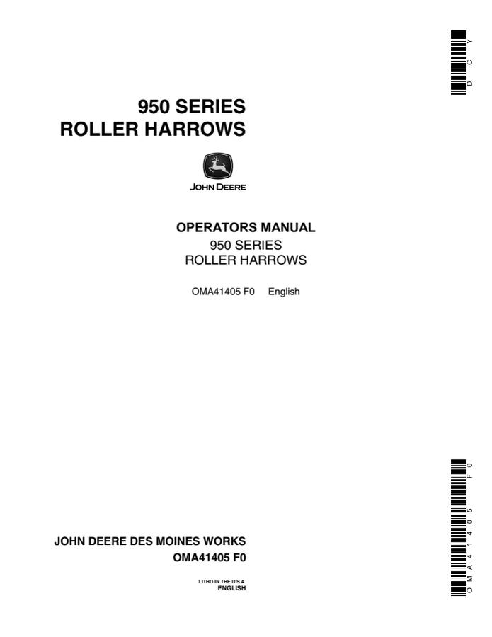 John Deere 950 Series Roller Harrows Roller harrow Operator manual OMA41405 — actual manual cover