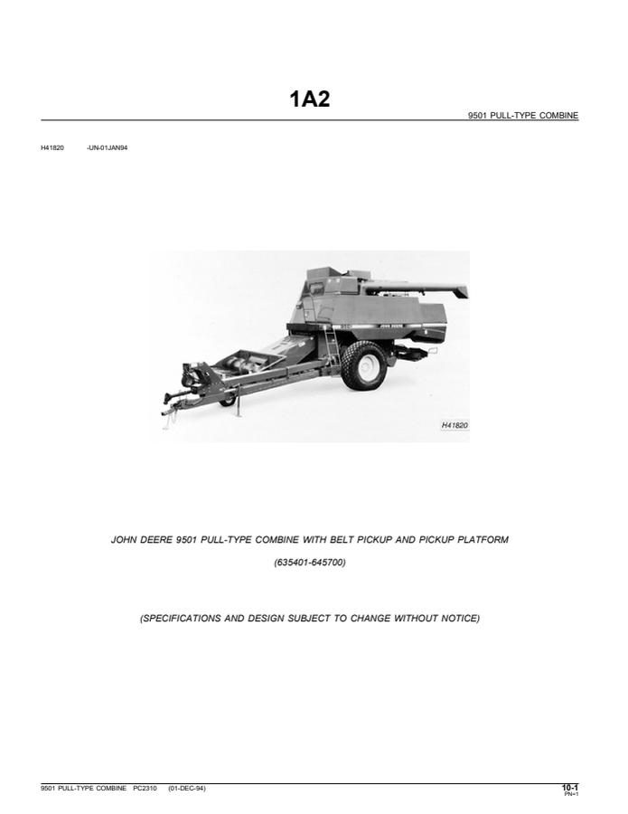 John Deere 9501 Pull-type combine Parts catalog PC2310 — actual manual cover