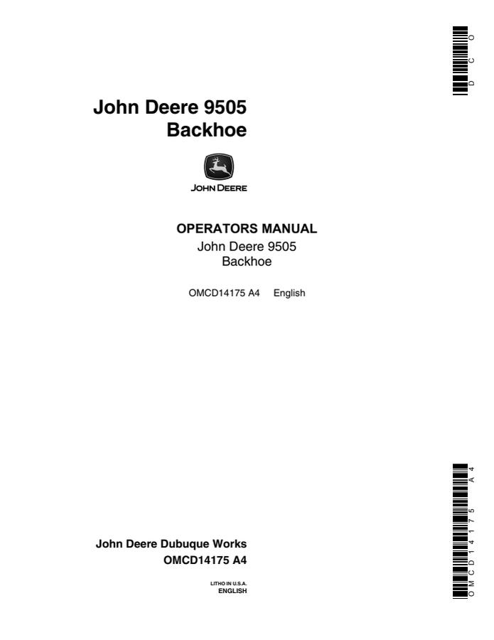 John Deere 9505 Backhoe Backhoe Operator manual OMCD14175 — actual manual cover