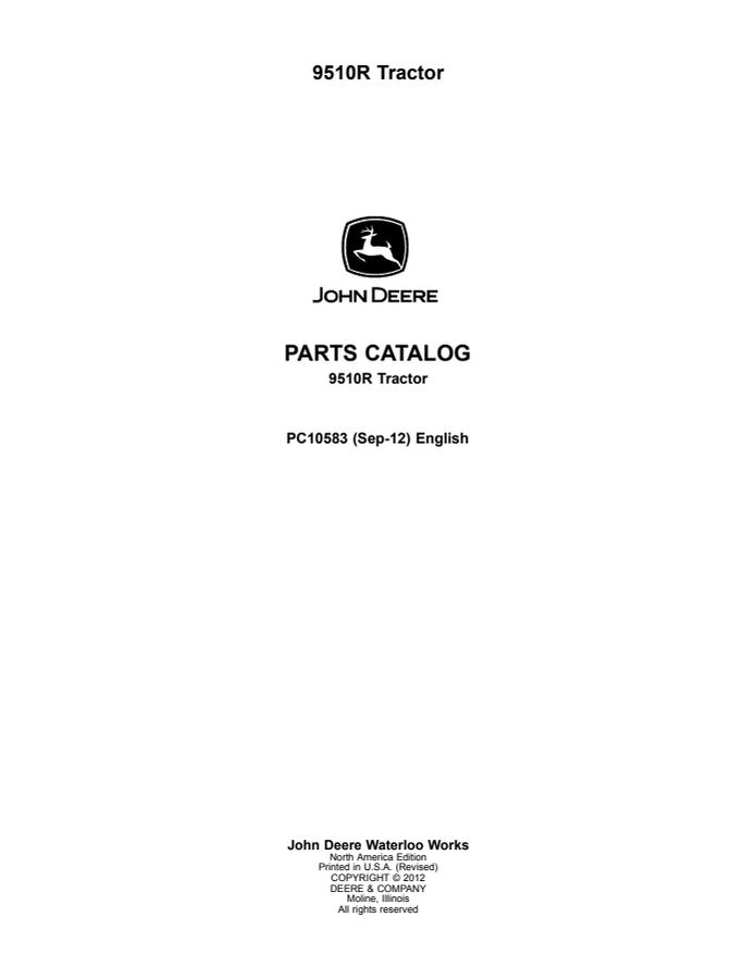 John Deere 9510R Tractor Parts catalog PC10583 — actual manual cover