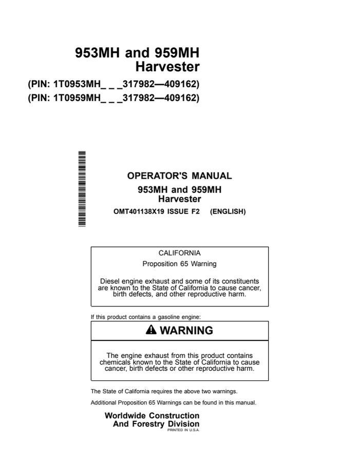 John Deere 953MH and 959MH Harvester Harvester Operator manual OMT401138X19 — actual manual cover