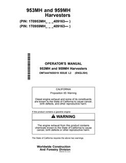 John Deere 953MH and 959MH Harvesters Harvester Operator manual OMT444765X019 — actual manual cover