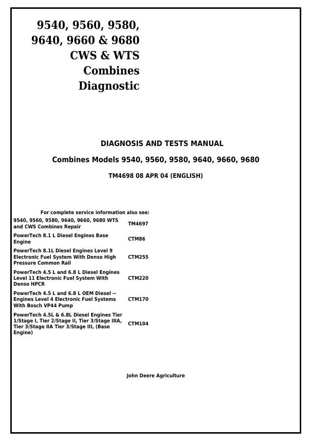 John Deere 9540, 9560, 9580, 9640, 9660, 9680 Combine harvester Diagnostic and test manual TM4698 — actual manual cover