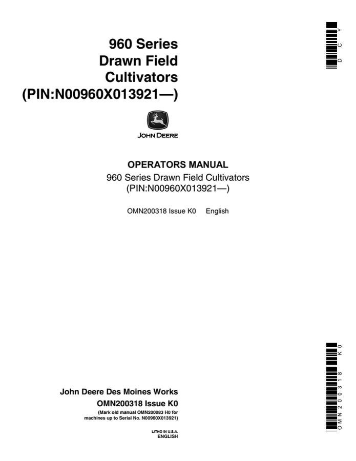 John Deere 960 Series Drawn Field Cultivators Field cultivator Operator manual OMN200318 — actual manual cover