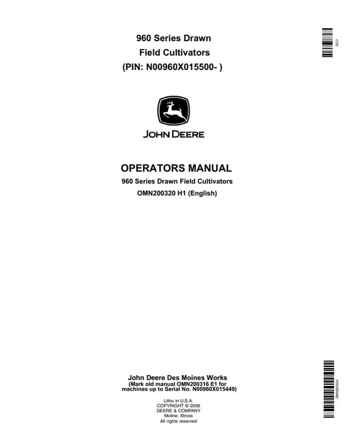 John Deere 960 Series Drawn Field Cultivators Field cultivator Operator manual OMN200320 — actual manual cover