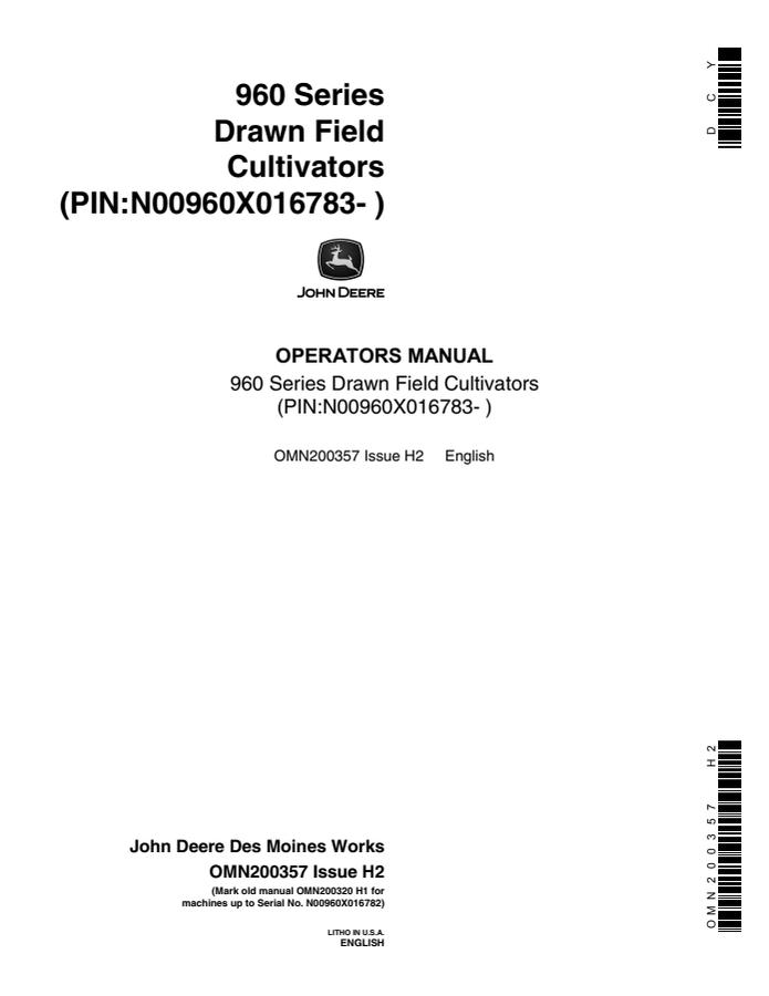 John Deere 960 Series Drawn Field Cultivators Field cultivator Operator manual OMN200357 — actual manual cover