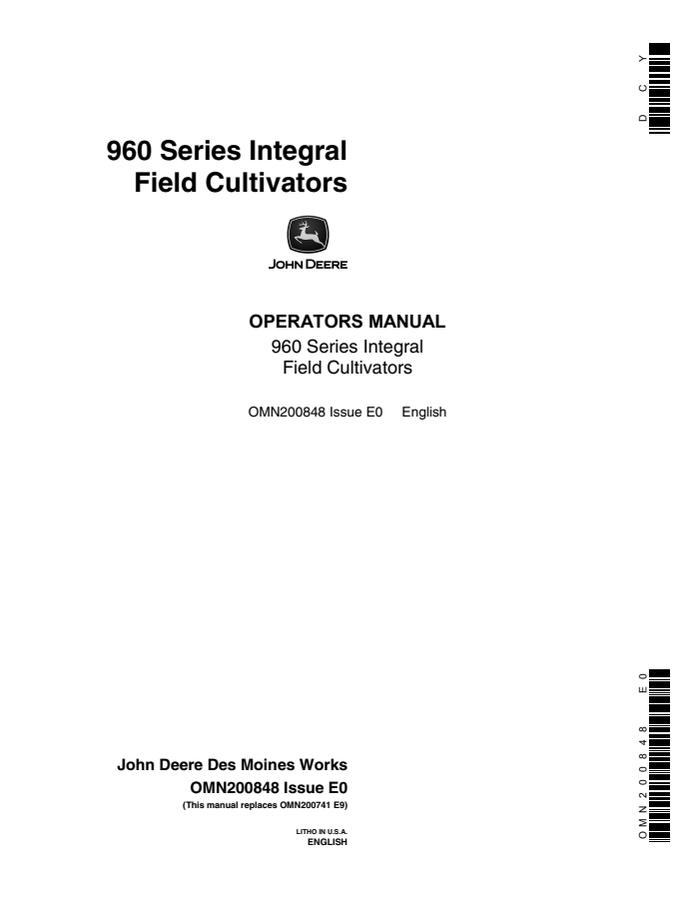 John Deere 960 Series Integral Field Cultivators Field cultivator Operator manual OMN200848 — actual manual cover