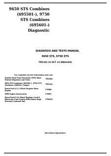 John Deere 9650 STS, 9750 STS Combine Diagnosis and Test Technical Manual TM2102 — actual manual cover