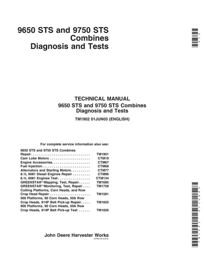 John Deere 9650 STS, 9750 STS Combine Diagnosis and tests manual TM1902 — actual manual cover