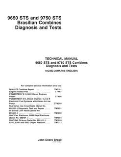 John Deere 9650 STS, 9750 STS Combine Diagnosis and Tests Technical Manual TM2302 — actual manual cover