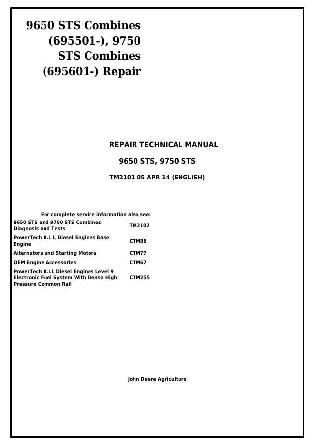 John Deere 9650 STS, 9750 STS Combine Repair technical manual TM2101 — actual manual cover