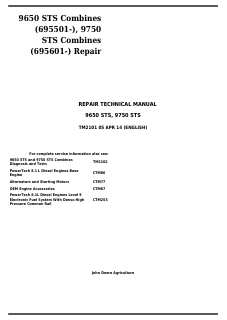 John Deere 9650 STS, 9750 STS Combine Repair technical manual TM2101 — actual manual cover