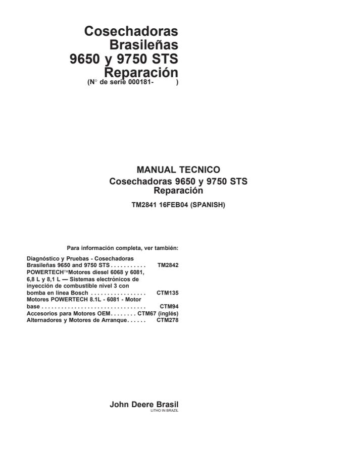 John Deere 9650 STS, 9750 STS Harvester Combine Repair Technical Manual TM2841 — actual manual cover