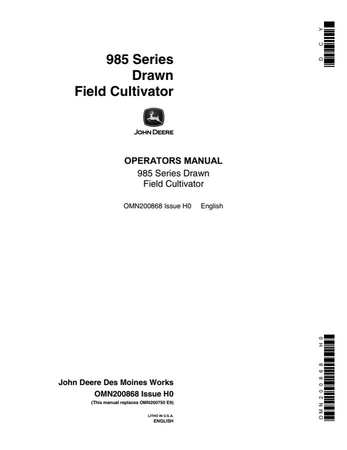 John Deere 985 Series Drawn Field Cultivator Field cultivator Operator manual OMN200868 — actual manual cover