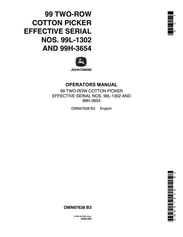 John Deere 99 Two-Row Cotton Picker Cotton picker Operator manual OMN97638 — actual manual cover
